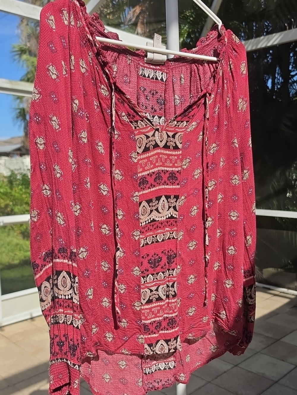 Knox Rose Printed Peasant Top with Tassel Tie